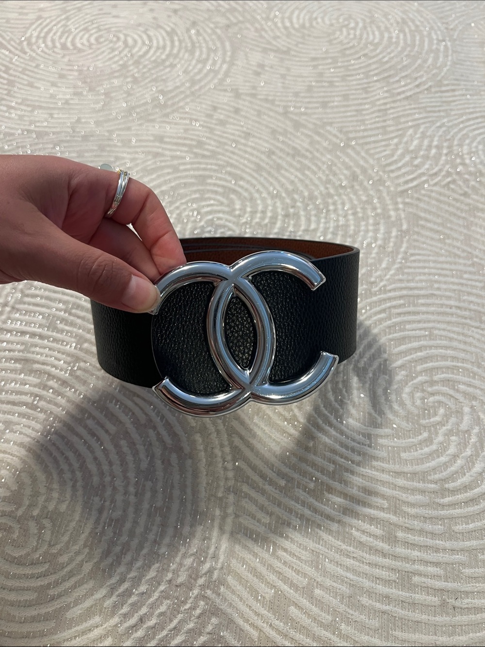 Wide Black Leather Belt with Interlocking Silver Buckle